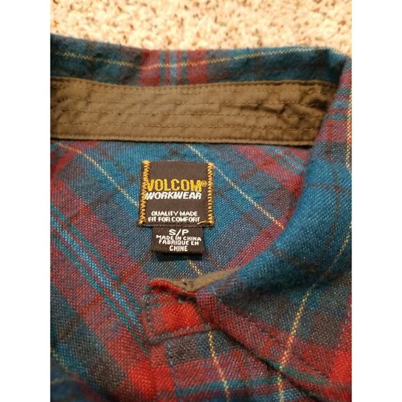 Volcom Button Up Shirt Mens Small Teal Red Classic Fit Plaid Cotton Flannel - Picture 8 of 11